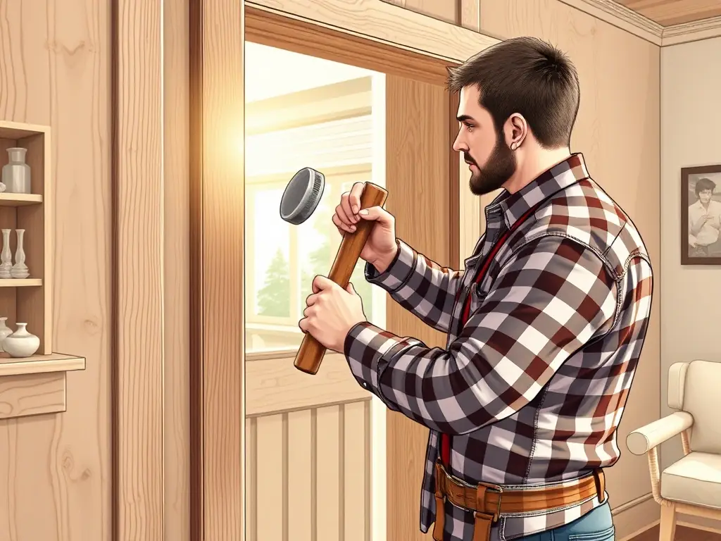 A skilled carpenter meticulously repairing a wooden door frame in a residential home, emphasizing craftsmanship and attention to detail.