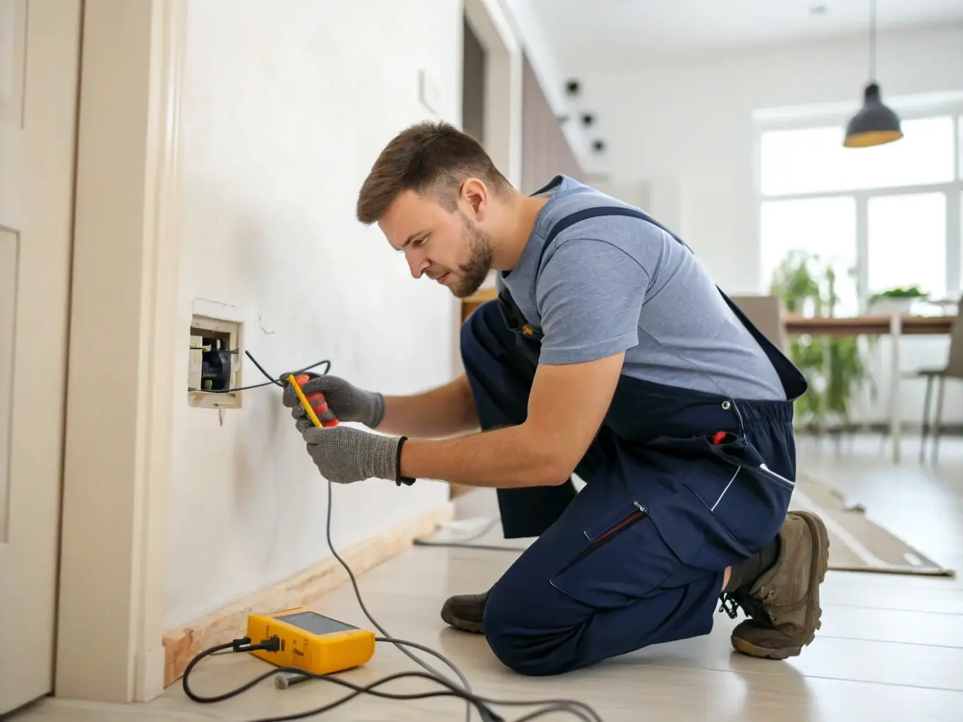 An electrician safely replaces a faulty electrical outlet in an office setting, highlighting expertise in electrical repairs and safety protocols.