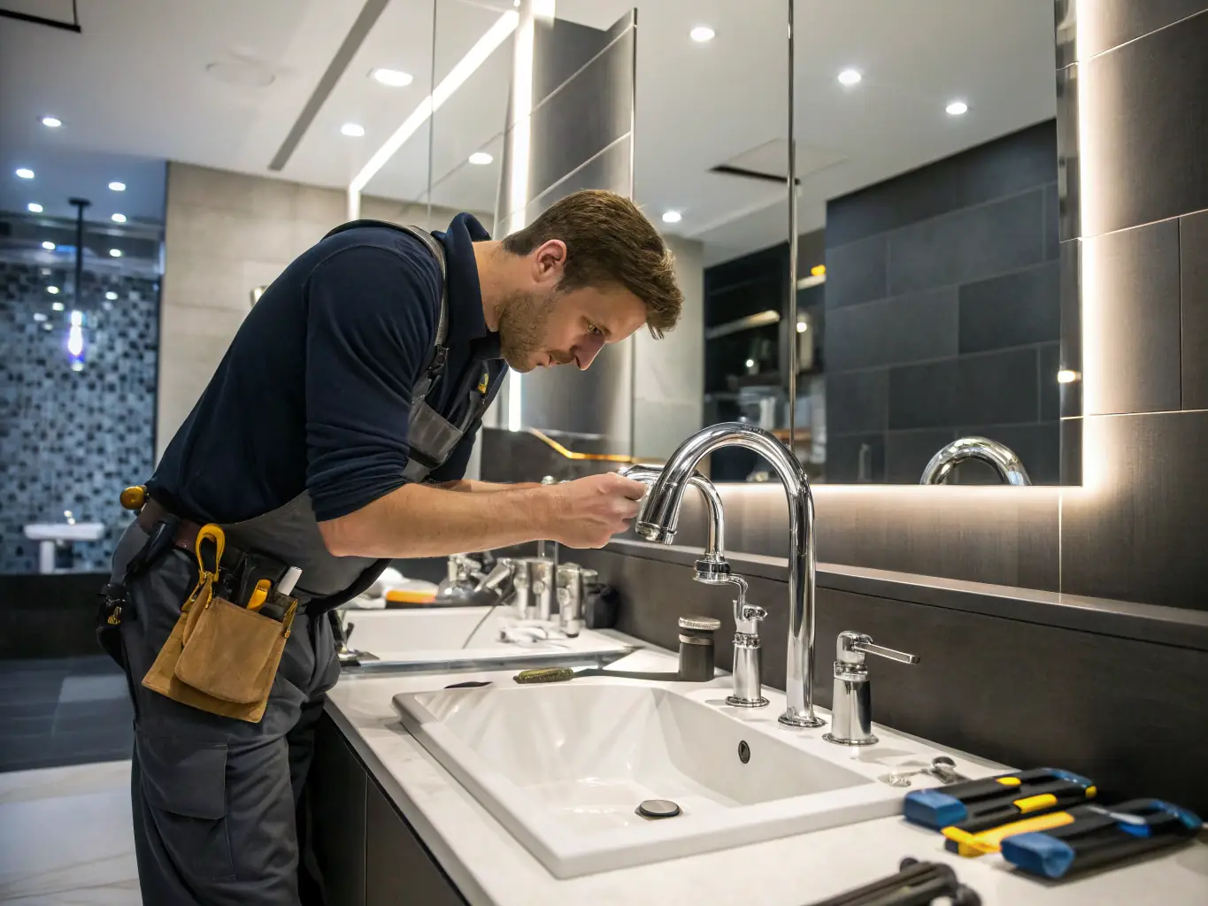 A close-up shot of a plumber expertly repairing a leaky faucet in a residential bathroom, showcasing precision and skill.