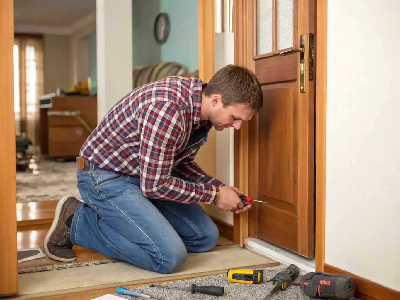 A skilled carpenter repairs a damaged wooden door frame in a home, demonstrating craftsmanship and attention to detail in carpentry repairs.