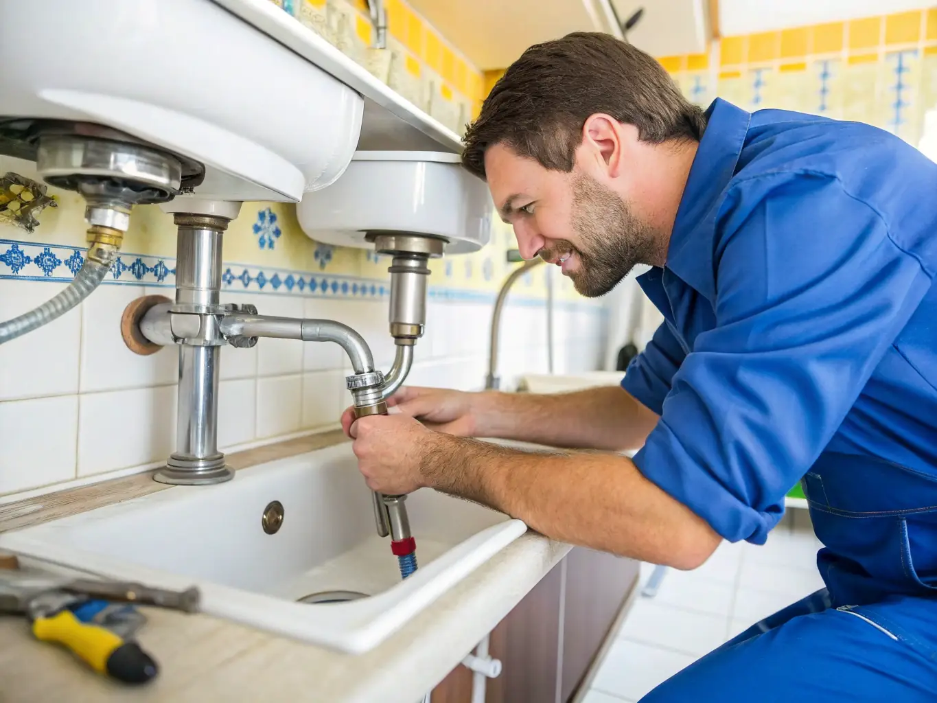 A plumber expertly repairs a leaky pipe under a kitchen sink, showcasing precision and efficiency in resolving common plumbing issues.