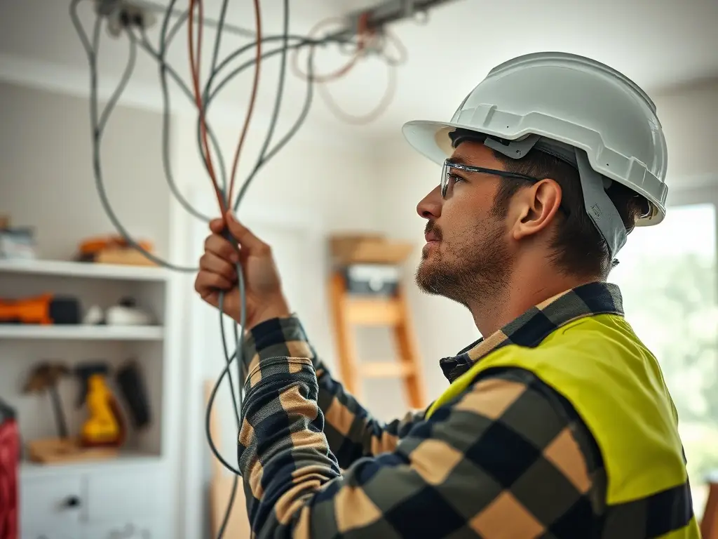 An electrician safely working on electrical wiring in a commercial office space, highlighting safety and expertise.